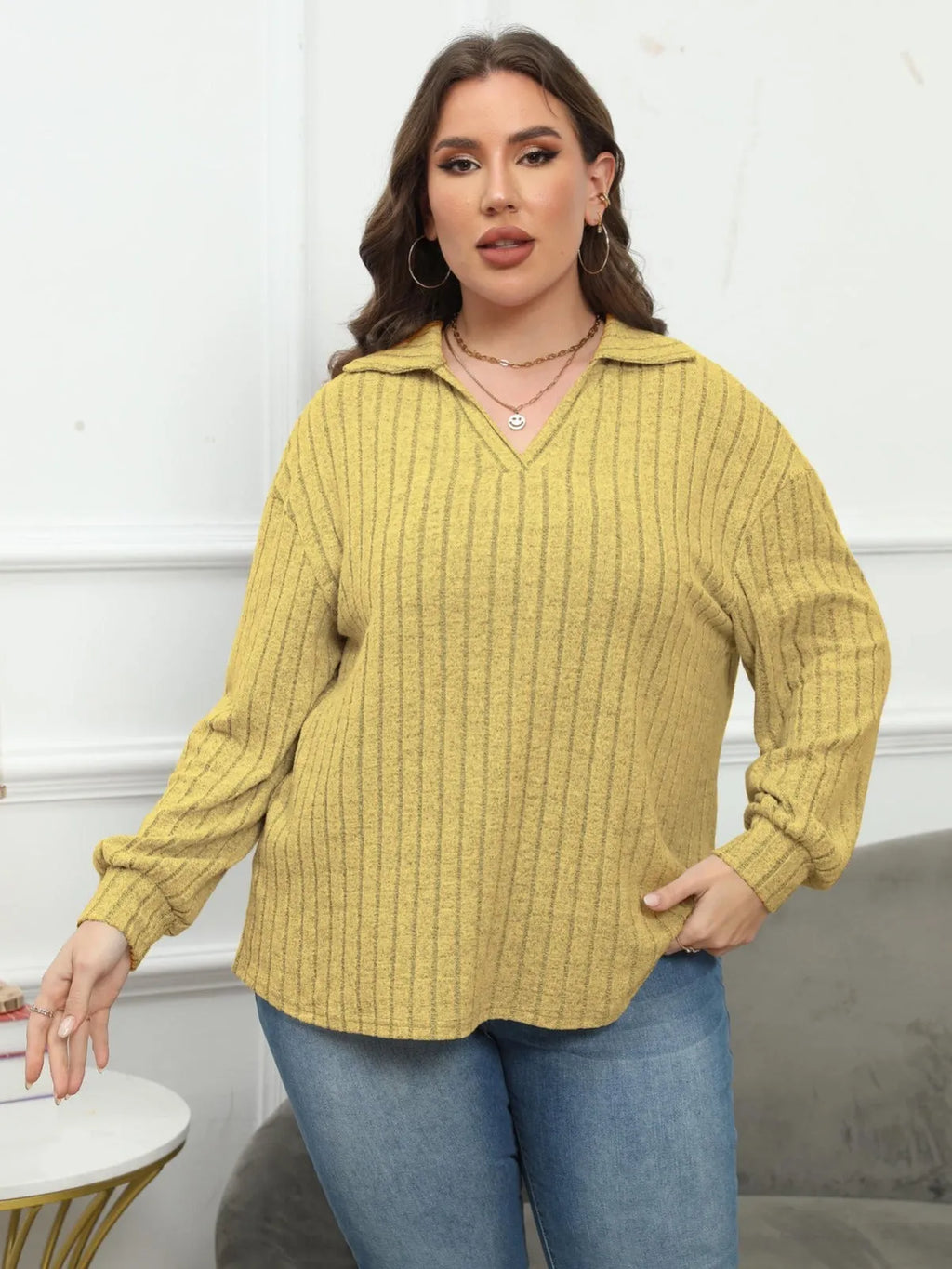 Plus size women's grey polo collar fleece shirt with lantern sleeves in Gothic street style.
