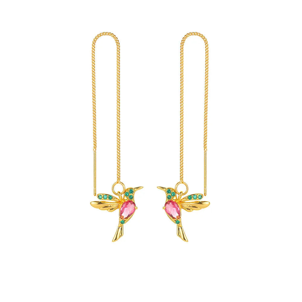 Little bird drop long hanging hummingbird earrings in rose gold finish with crystal tassel pendant