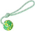 Natural rubber dog ball attached to a blue nylon rope for fetch and tug toys.