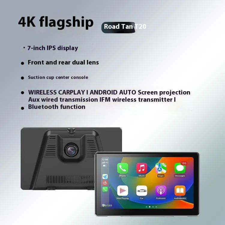 Black 7-inch wireless CarPlay touch screen car dash camera with wide-angle lens.
