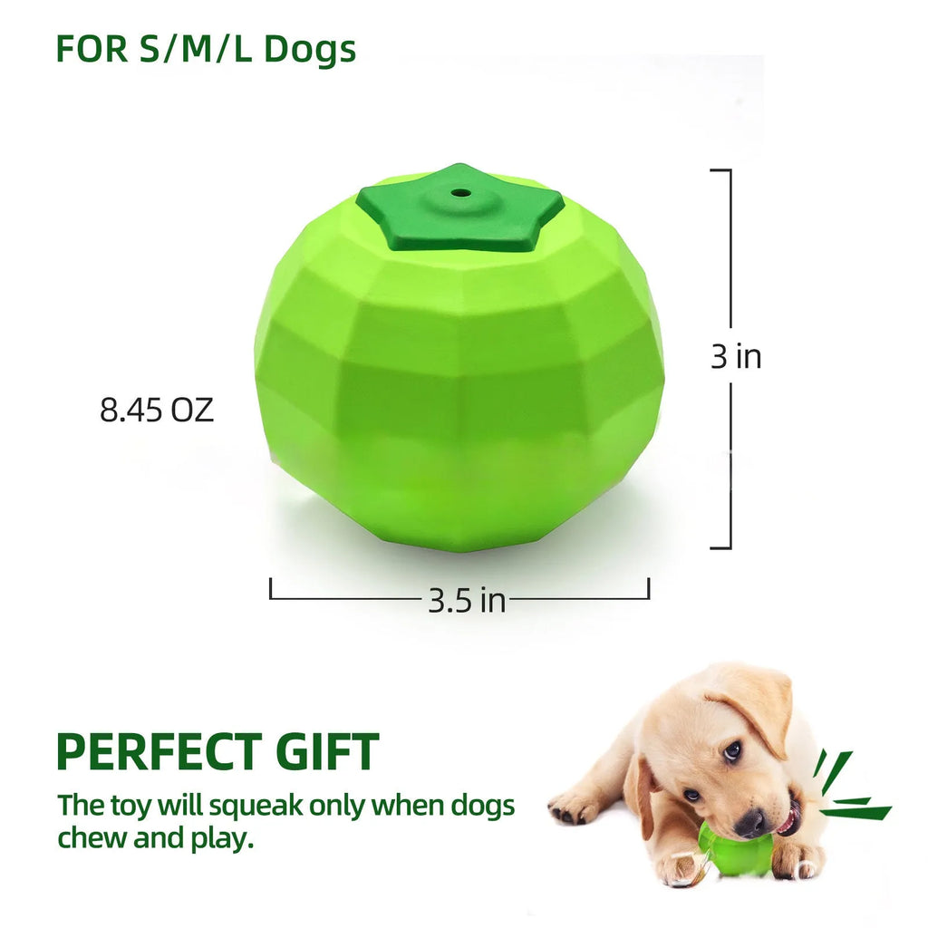 Green beef-flavoured natural rubber squeaky ball dog toy for large breed chewing.