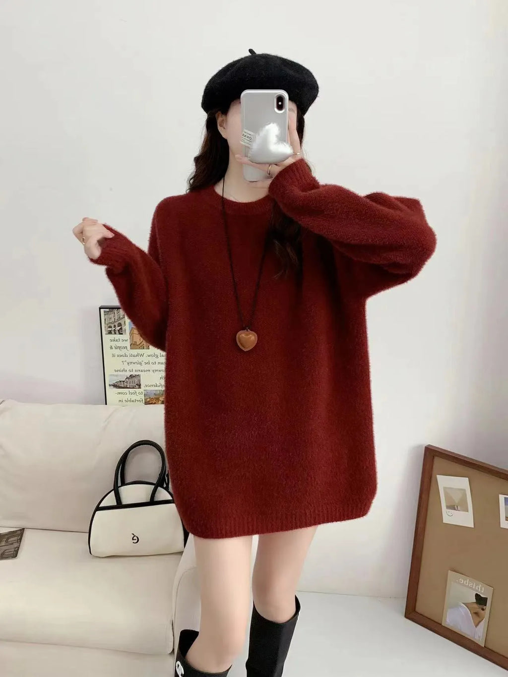 Mid-length acrylic knitwear pullover in camel colour with long sleeves and loose fit