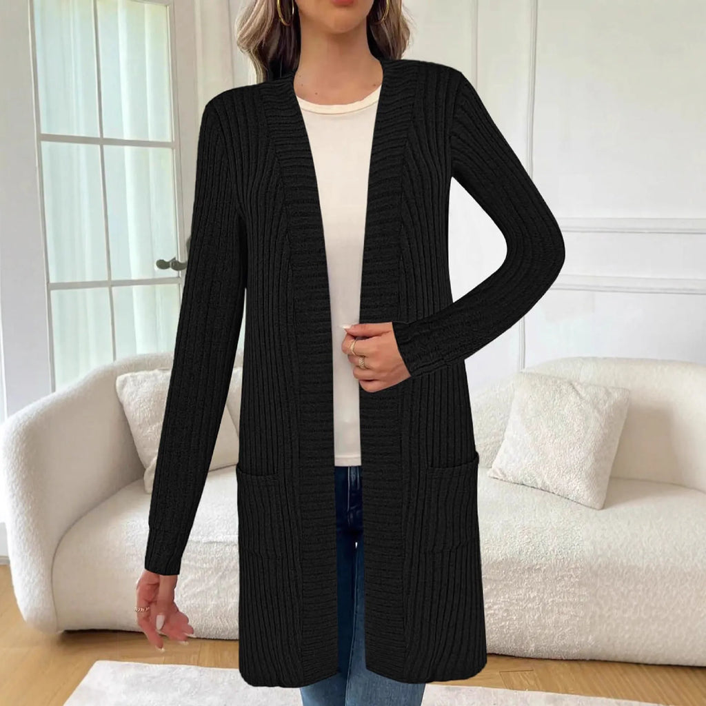 Long sleeve loose fit knitted cardigan jacket with pockets in black, wine red, or grey