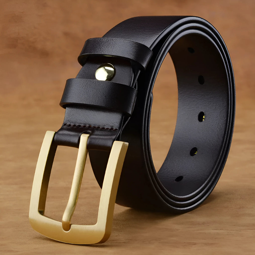 Men's retro leather belt with brass pin buckle in black colour plain surface