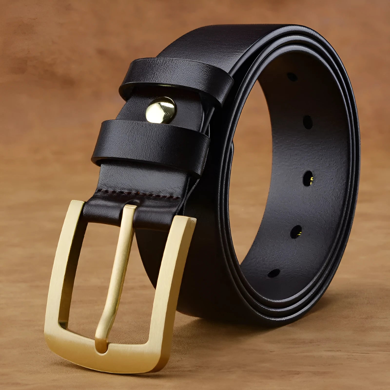 Men's retro leather belt with brass pin buckle in black colour plain surface
