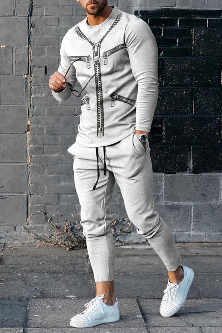 Men's round neck striped sweatshirt suit set with long sleeves and trousers in 90% polyester, multiple colours available