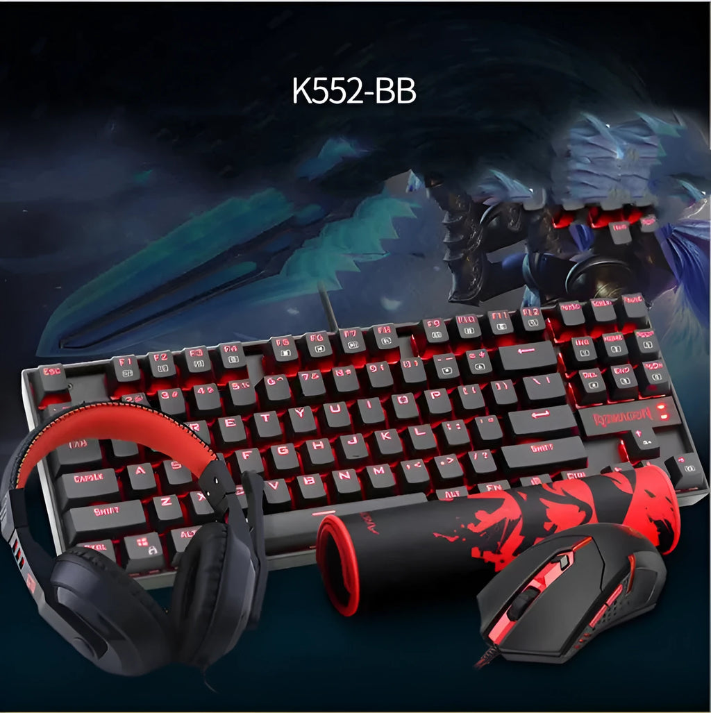 Monochrome luminous wired mechanical gaming keyboard set with green axis switches, aluminium alloy body, includes mouse and headphones