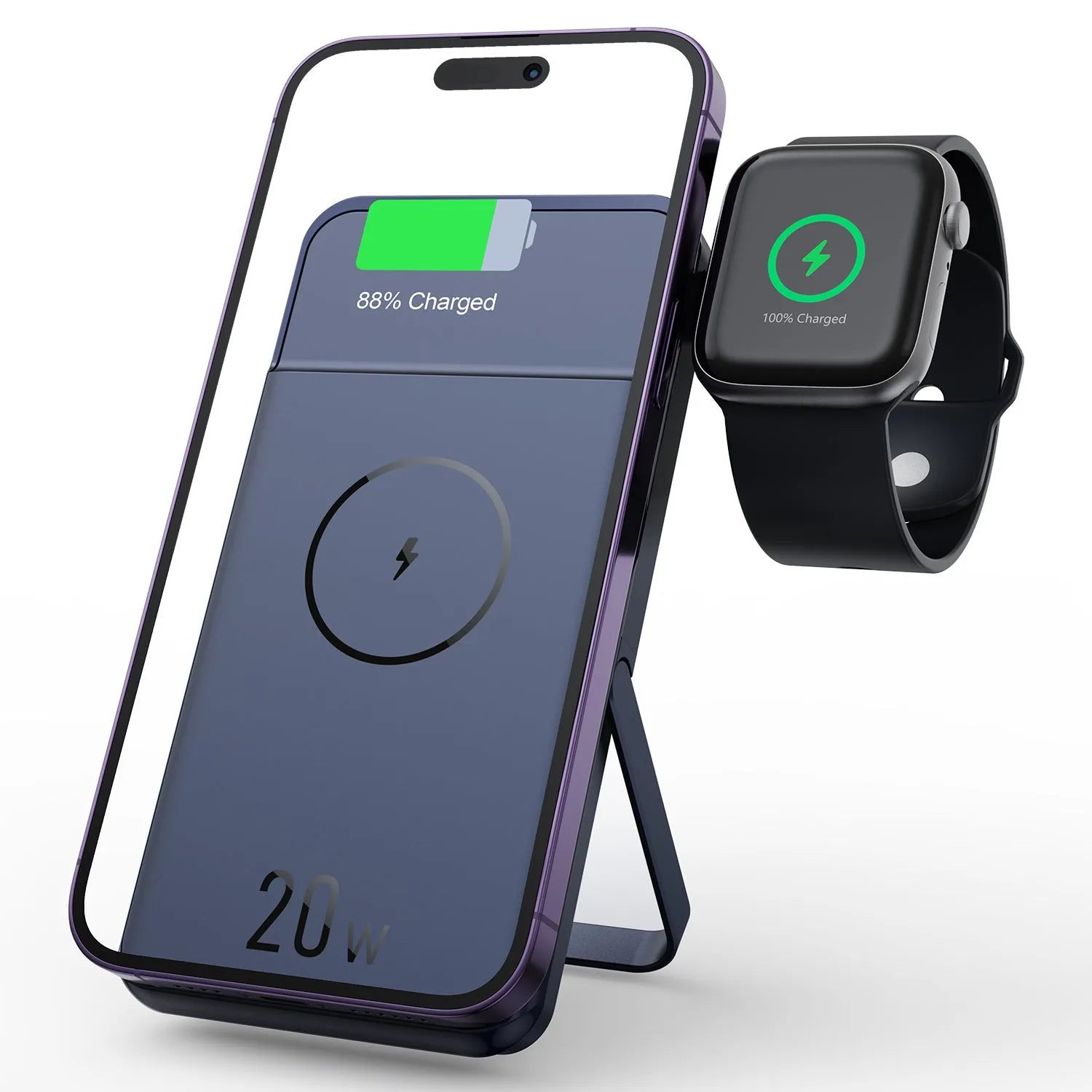 Black magnetic wireless power bank with 10000mAh capacity and three-in-one bracket