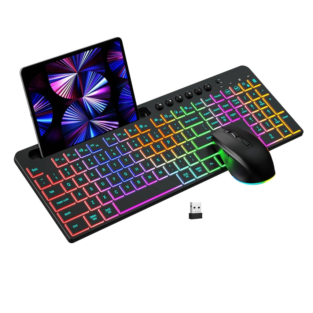 Black wireless keyboard and mouse set on a desk, showing luminous keys and integrated card slot.