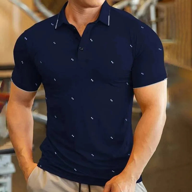 Men's short sleeve digital print sports top in black, white, red, and dark blue, sizes S to 6XL