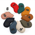 Set of 10 assorted colour PU leather golf club head covers for driver, woods and putter.