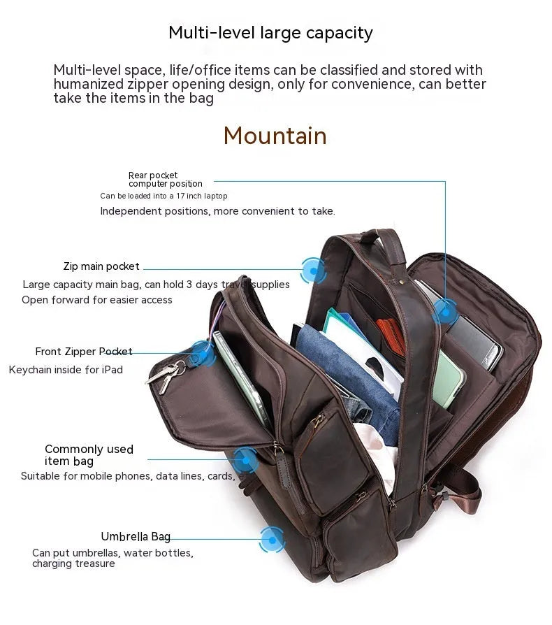 Dark brown genuine crazy horse leather backpack for men showing open pockets and organised internal compartments for a 17-inch laptop.