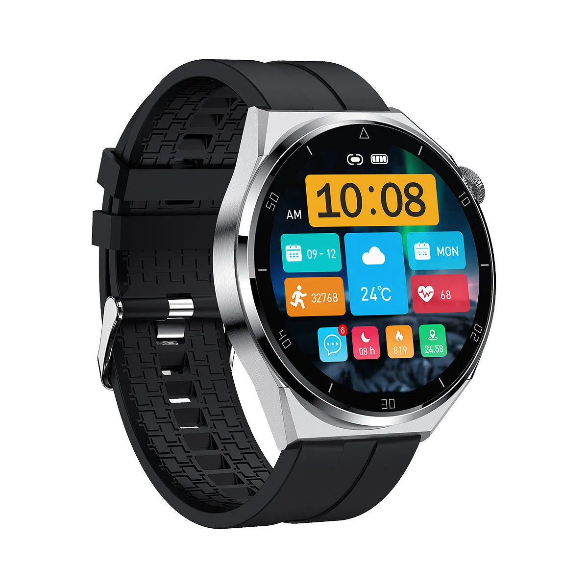 Adult smart watch in black with TFT screen showing heart rate and step count on wrist