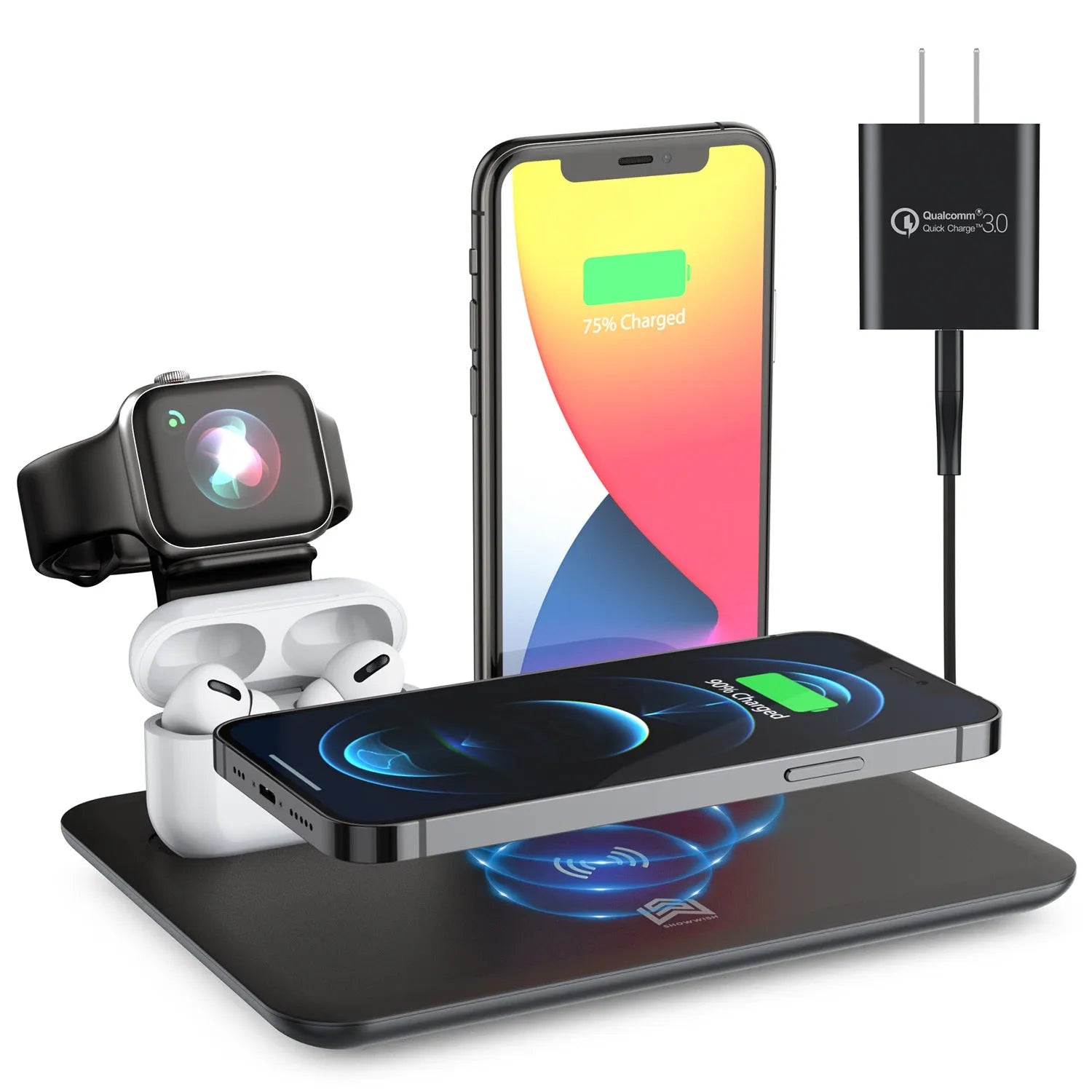 Black and white desktop wireless charging station holding a phone, watch, and headphones with a USB cable.