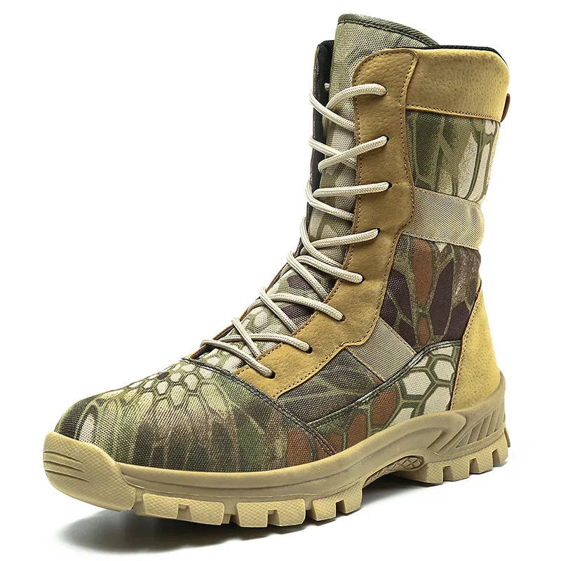 Men's black and camouflage high-top mesh Martin boots with totem pattern and lace-up closure.