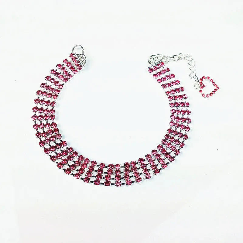Four-row rhinestone pet collar with heart-shaped chain in white pink and blue for dogs and cats