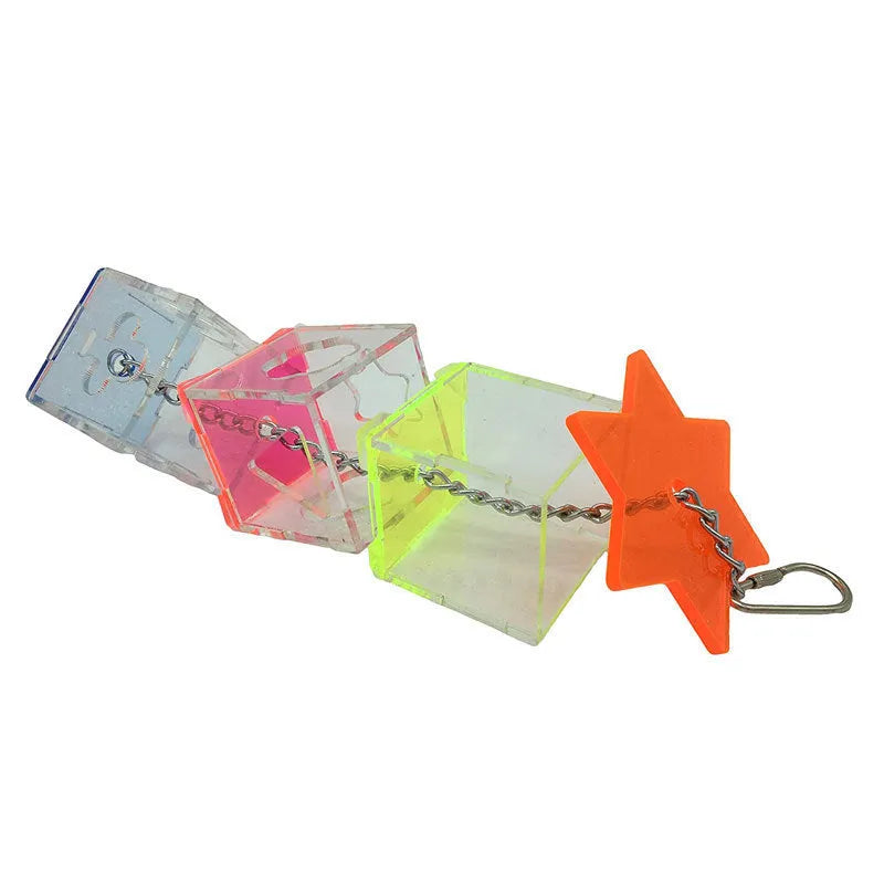 Clear acrylic parrot foraging toy measuring 5x5x32cm for bird food enrichment