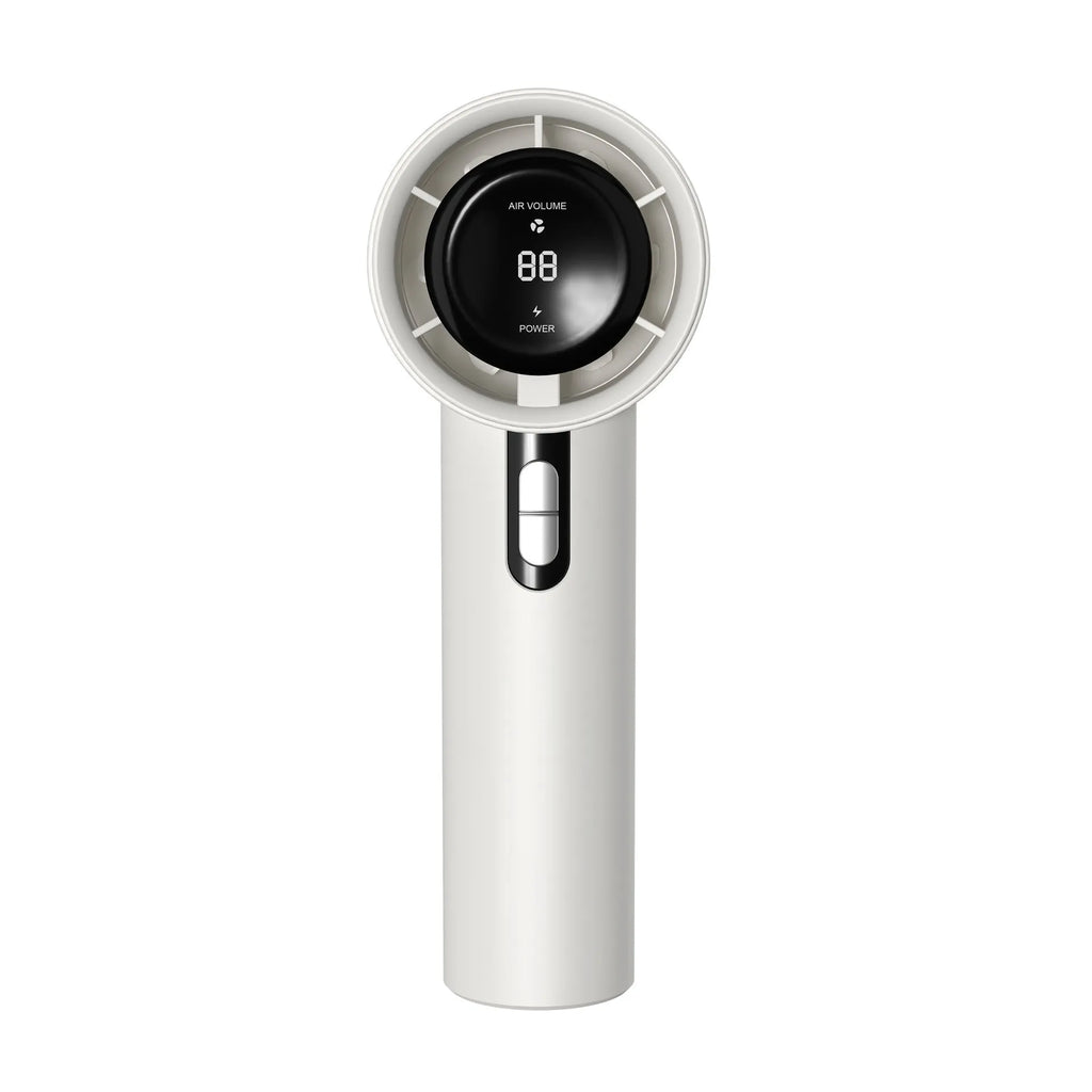 White handheld personal cooling fan showing turbine vent and adjustable controls.