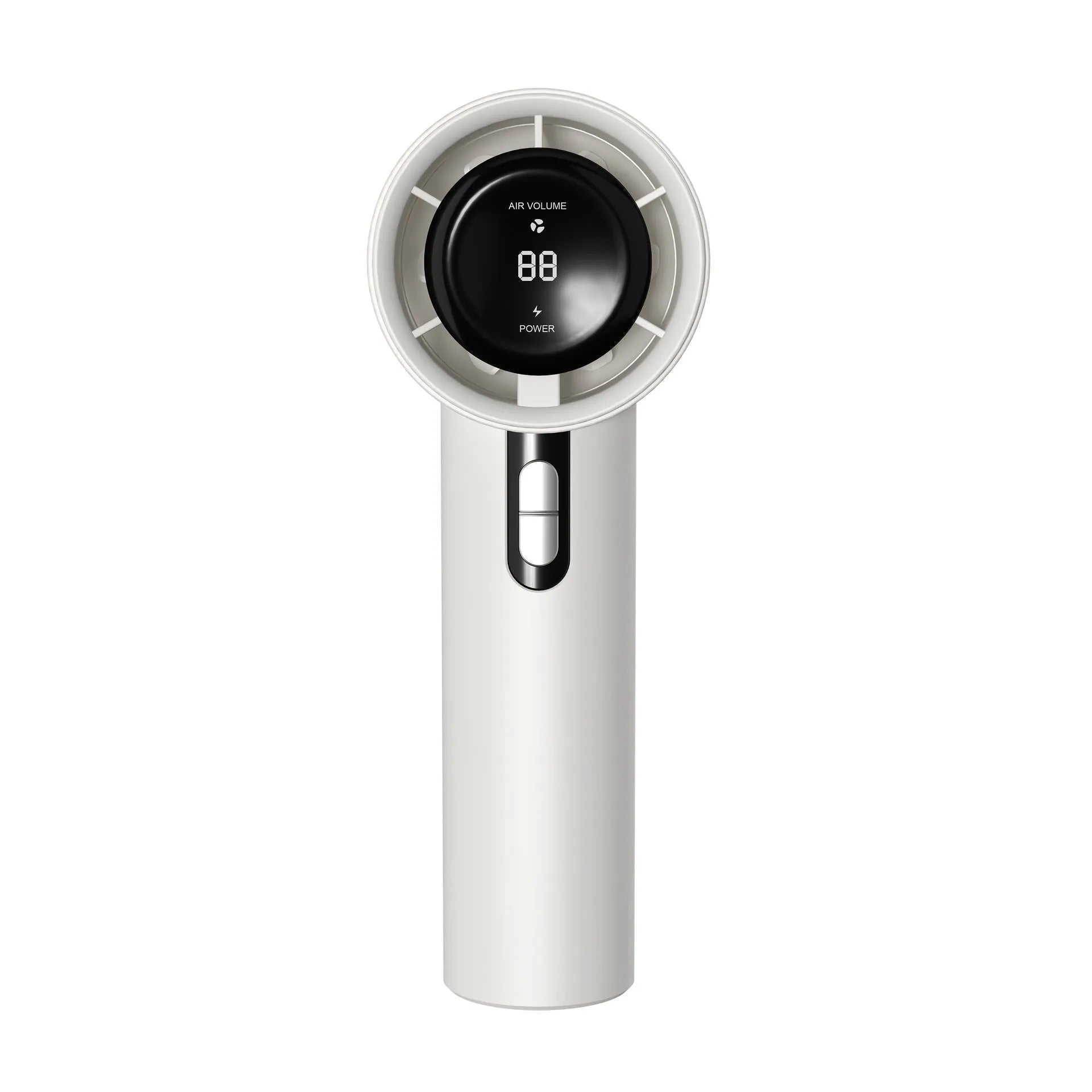 White handheld personal cooling fan showing turbine vent and adjustable controls.