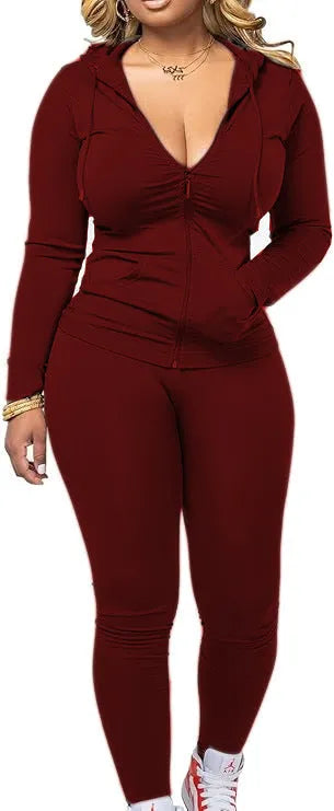 Women's milk silk fleece zipper hoodie and pants set in gray, front view
