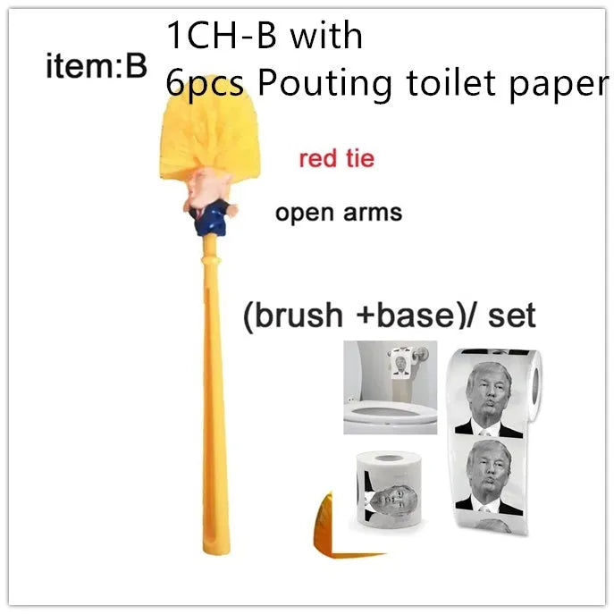 Yellow plastic Donald Trump novelty toilet brush with hanging slot, 40cm length
