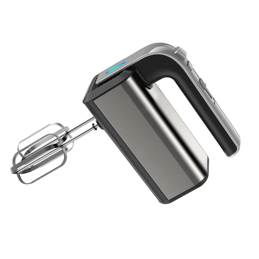 Silver handheld electric whisk with five speed settings and dual voltage compatibility