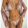 Women's three piece bikini swimsuit set in black or print nylon, sizes XS to XL