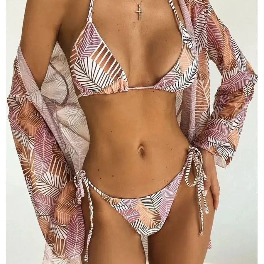 Women's three piece bikini swimsuit set in black or print nylon, sizes XS to XL