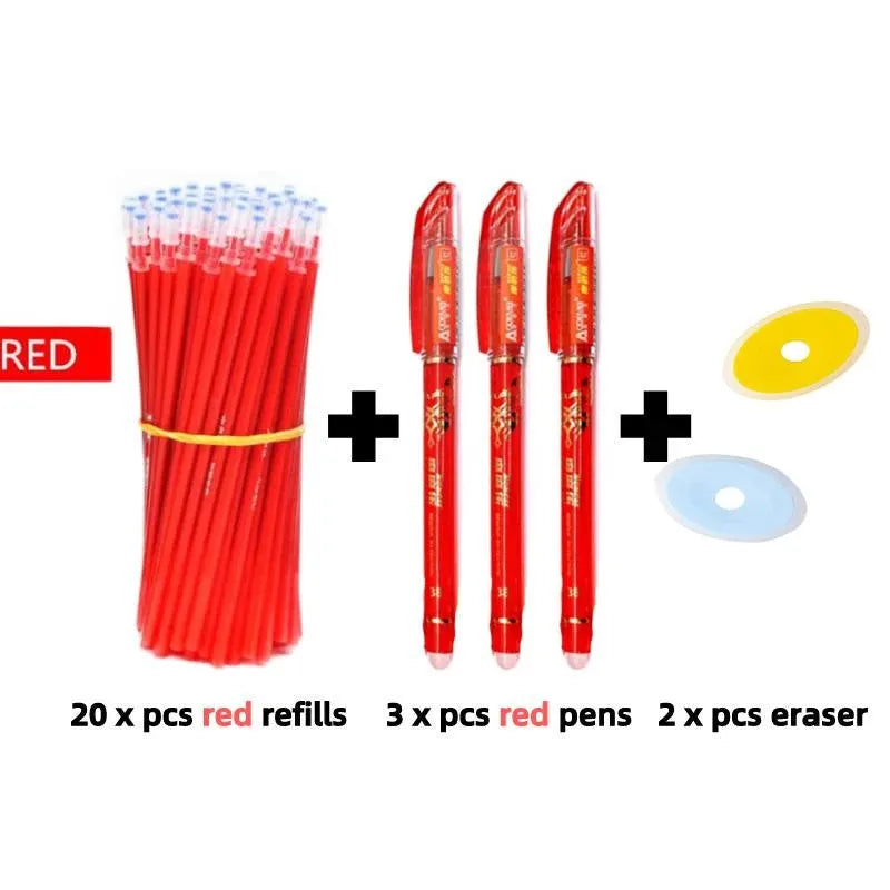 0.5mm erasable pen set with needle tip, refills and caps in black, blue and red colours
