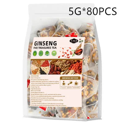 Ginseng Wubao tea bags with maca, mulberry, red dates and red goji in 5g or 10g packs
