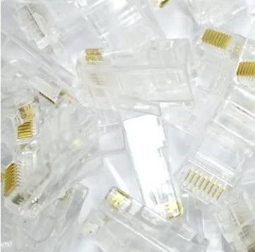 White unshielded RJ45 network modular plug with gold-plated three-fork contacts and all-copper insert.