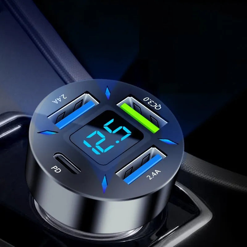 Four-port USB car charger with digital LED display for use in vehicles