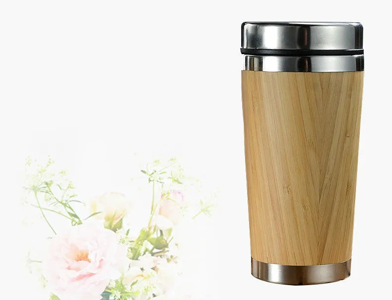 Bamboo insulated coffee cup with leak-proof lid and anti-slip foam pad