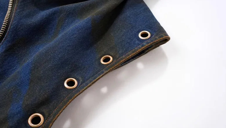 Blue hooded denim vest coat and matching trousers set in heavy industry style
