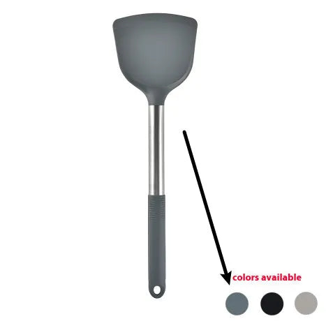 Black silicone kitchen utensil set with 12 tools in a rotating storage bucket on a kitchen countertop