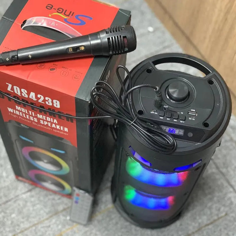 Black portable Bluetooth speaker with dual horn cannon design and USB port