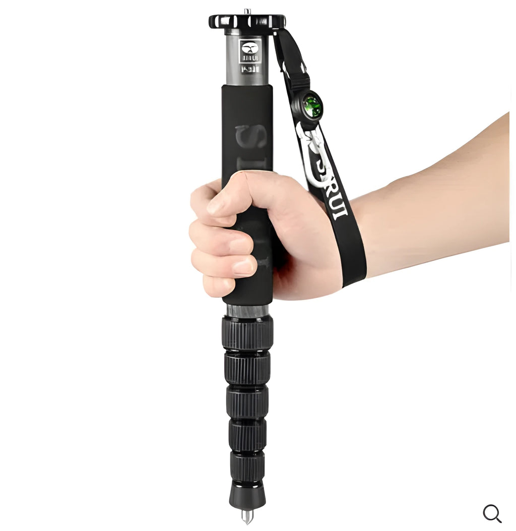 Black carbon fibre six-section DSLR camera monopod extended to maximum 1540mm height