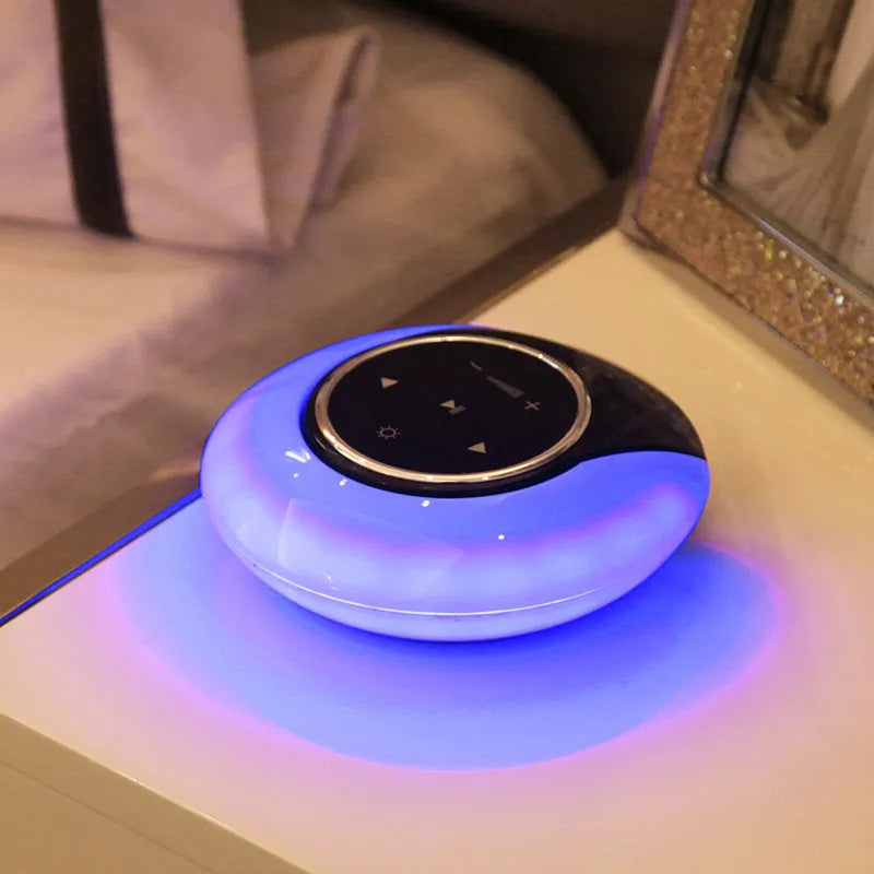 Blue folding Bluetooth desk lamp speaker with touch controls and LED lighting