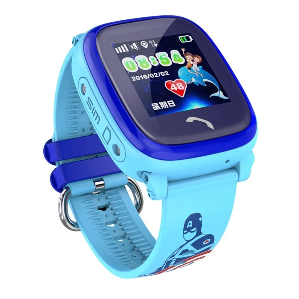 Blue children's smart watch with silicone strap showing time on 1.22 inch touch screen
