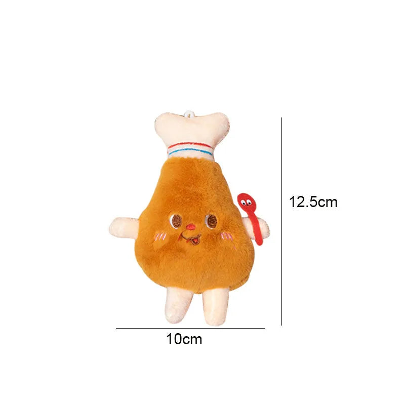 Five cat teething toys shaped like hamburger, chicken leg, fries, hot dog and bread on white background