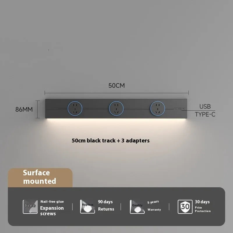 Induction lamp rail socket in black on a sideboard cabinet track with white background