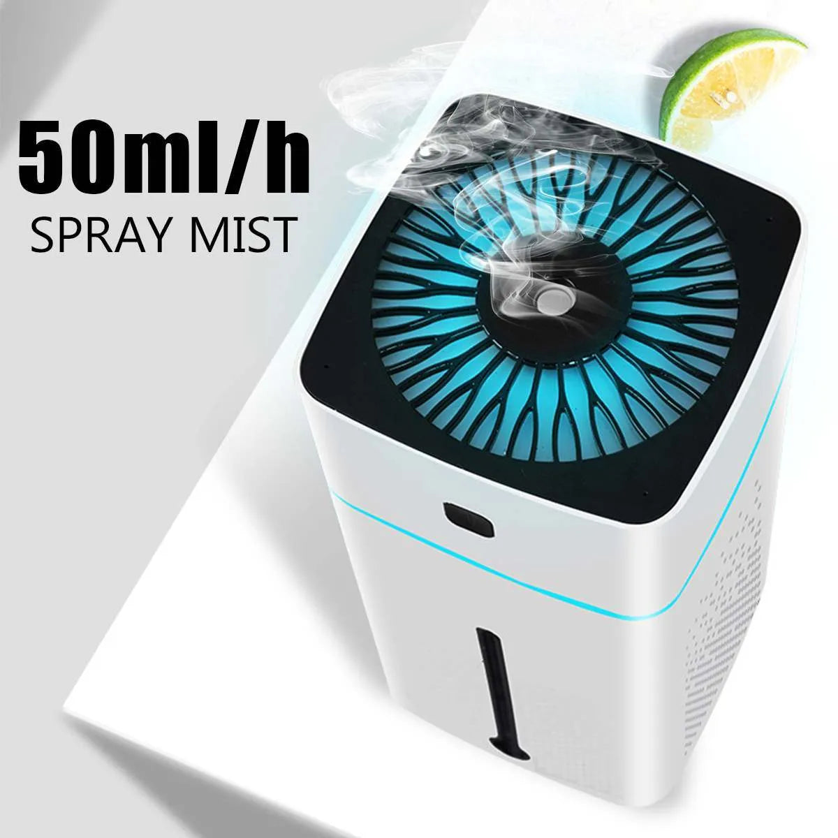 Black and white compact desktop humidifier with USB cable and 1000ml water tank.