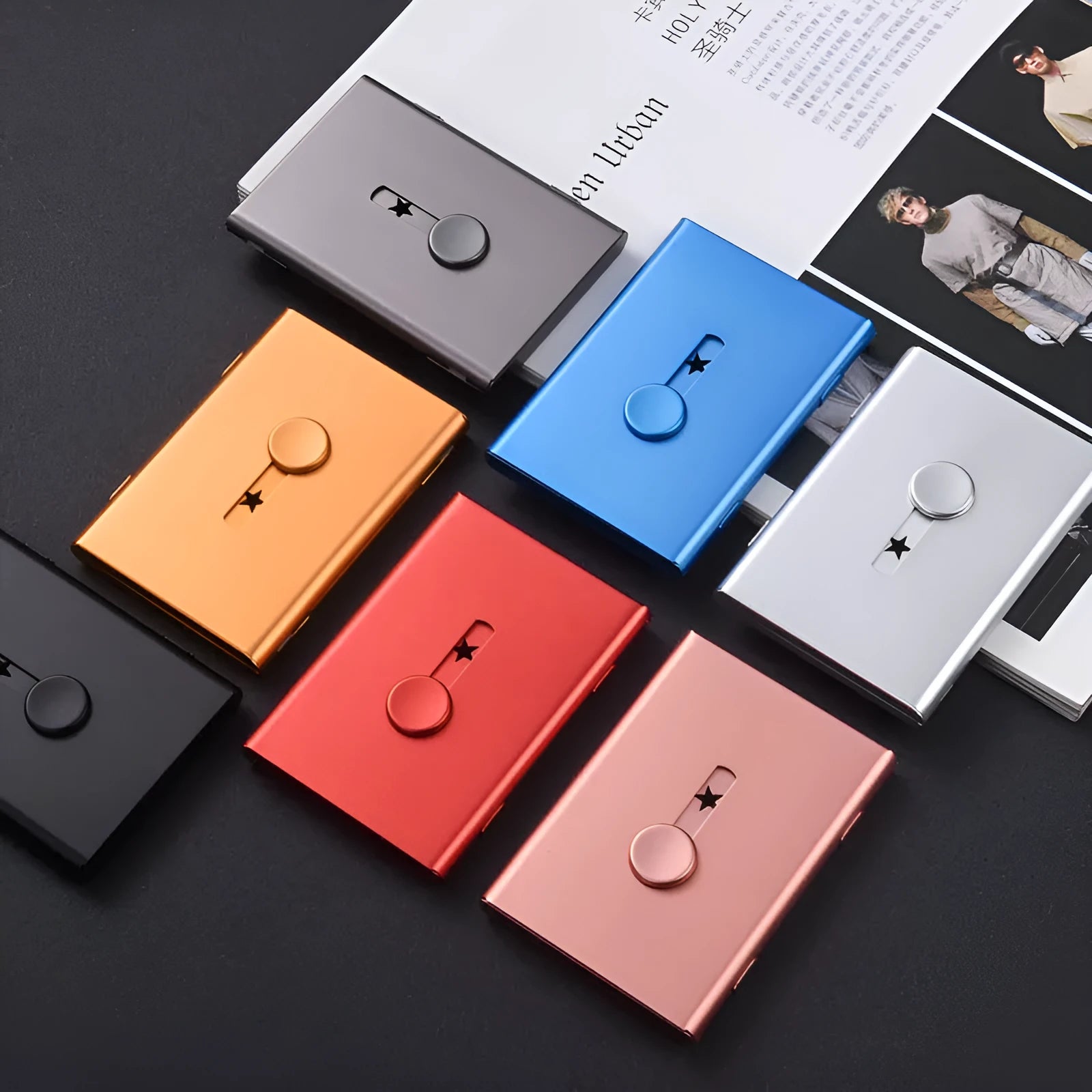 Hand push light business card case in aluminium alloy with RFID blocking, 93x65x12mm, six-layer card holder in seven colours