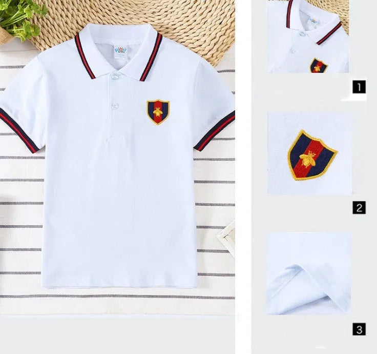Boys' short sleeve lapel collar t-shirt in cotton fabric available in four colours
