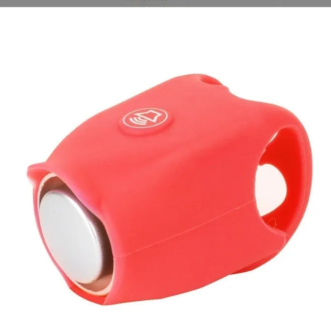Bicycle electronic horn with plastic casing in multiple colours including black, green, purple on bicycle handlebars