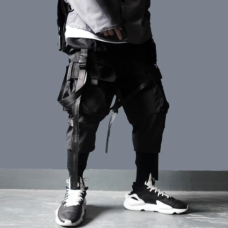 Men's black cotton linen multi-pocket tactical trousers with cargo pockets