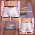Men's shiny silky nylon boxer shorts in black, white, and sapphire blue colours.