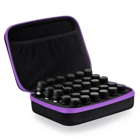 Red EVA essential oil storage bag with 30 compartments mounted on a wall