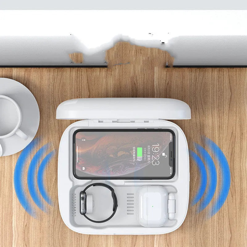 N34 4 in 1 wireless charging and disinfection box in black or white with Micro USB and 2400mA
