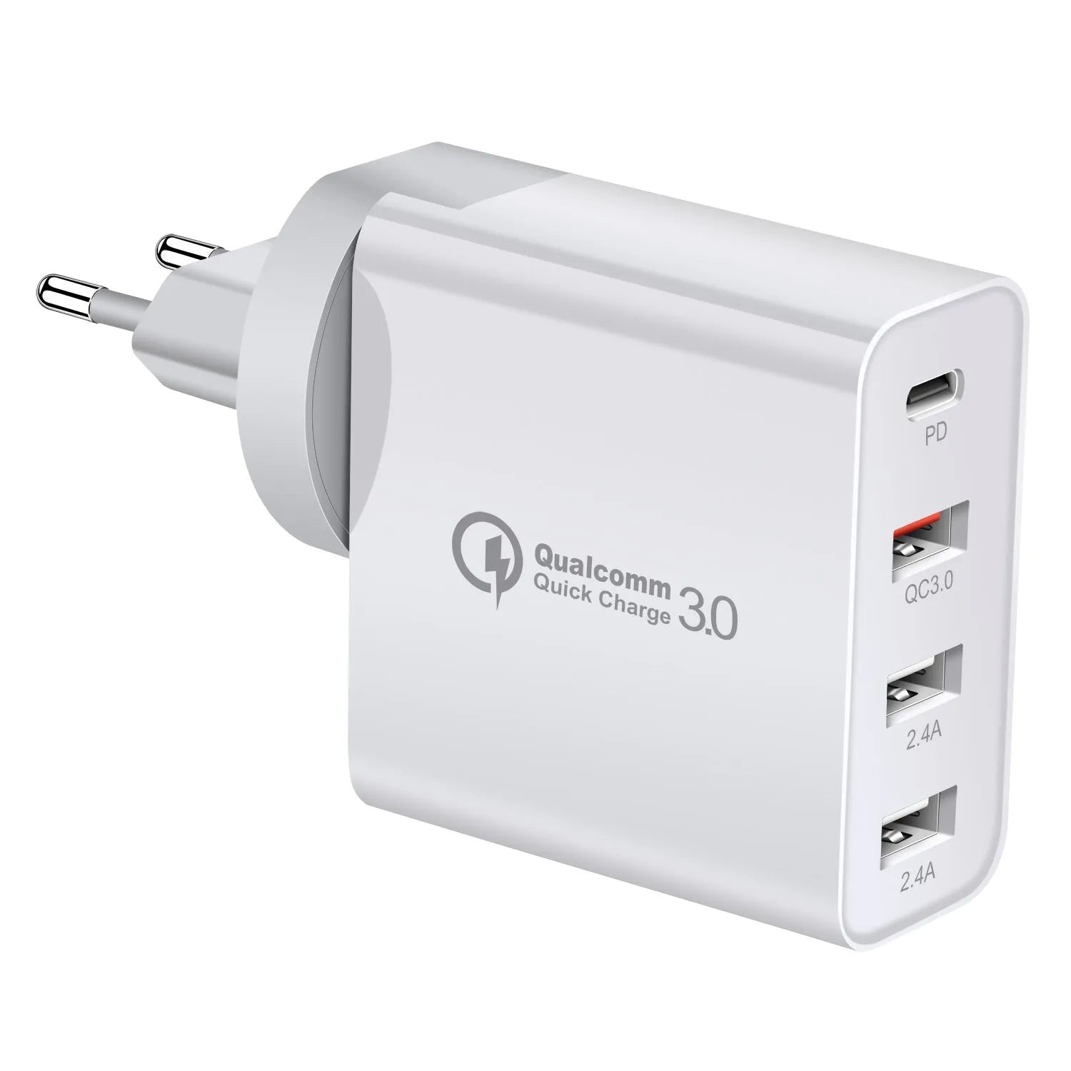 Black 48W USB-C four-port wall charger with UK plug on a white background